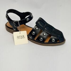 a.n.a Normey Womens Black Studded Fisherman Sandals Buckle Flat Shoes 6M